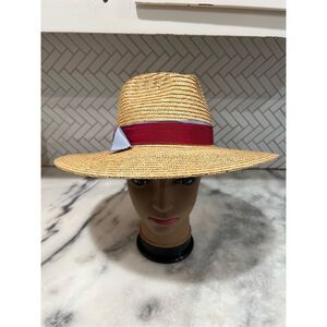 Mossant 100% Wheat Straw Fedora Hat Size 57cm Wide Brim Red Ribbon Band Summer